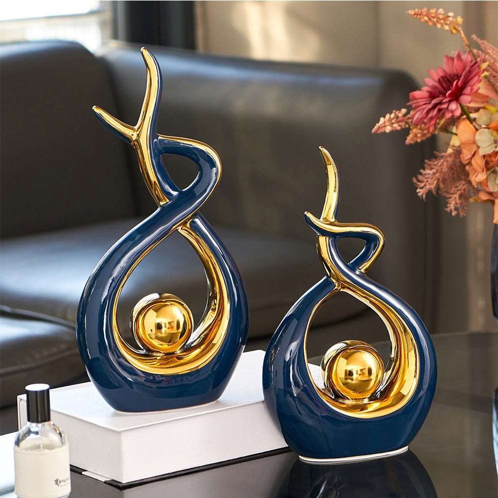 Abstrakt Keramisk Skulptur | Modern Inredning med Guld Accenter | Hylla eller Skrivbordsornament Carvallo