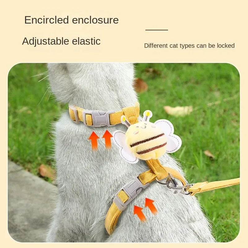 Carvallo | Justerbart sele-set med koppel & halsband | Dubbellagsdesign i tecknad bi-stil | För katter & små hundar Carvallo