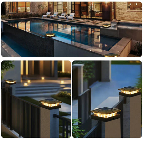 Carvallo Solar-postkapsljus 10 × 10 cm | 3-färgers LED med 2 ljusstyrkenivåer | IP65 solstaketljus för trädgårdsträdpålar Carvallo