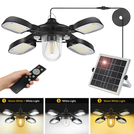 Carvallo Solarhänglampa med fjärrkontroll | 192 LEDs | 1000 Lumen | 5 lägen & 2 rörelsesensorer | För inomhus & utomhus Carvallo