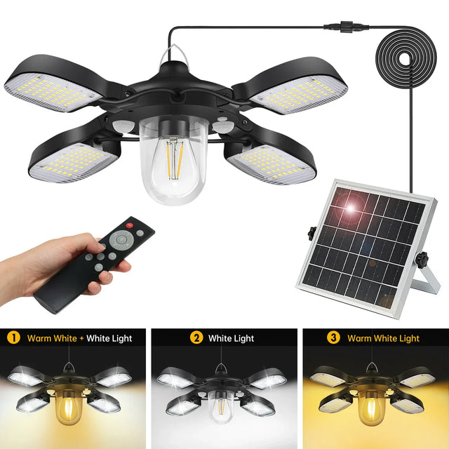 Carvallo Solarhänglampa med fjärrkontroll | 192 LEDs | 1000 Lumen | 5 lägen & 2 rörelsesensorer | För inomhus & utomhus Carvallo