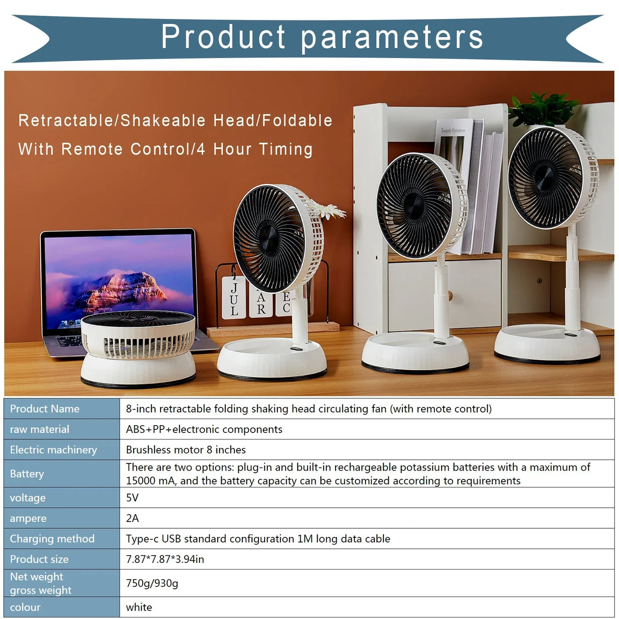 Royallure Bärbar Fällbar Fläkt 6000mAh Uppladdningsbar Tyst Golv- och Utomhusbruk Carvallo