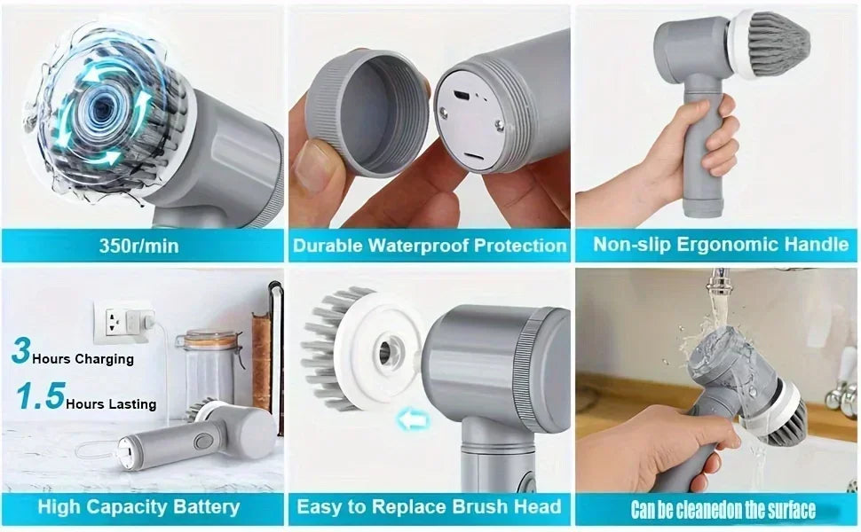 Trådlös Elektrisk Spin Skrubb — Uppladdningsbar Rengöringsborste med 6 Utbytbara Huvuden Carvallo