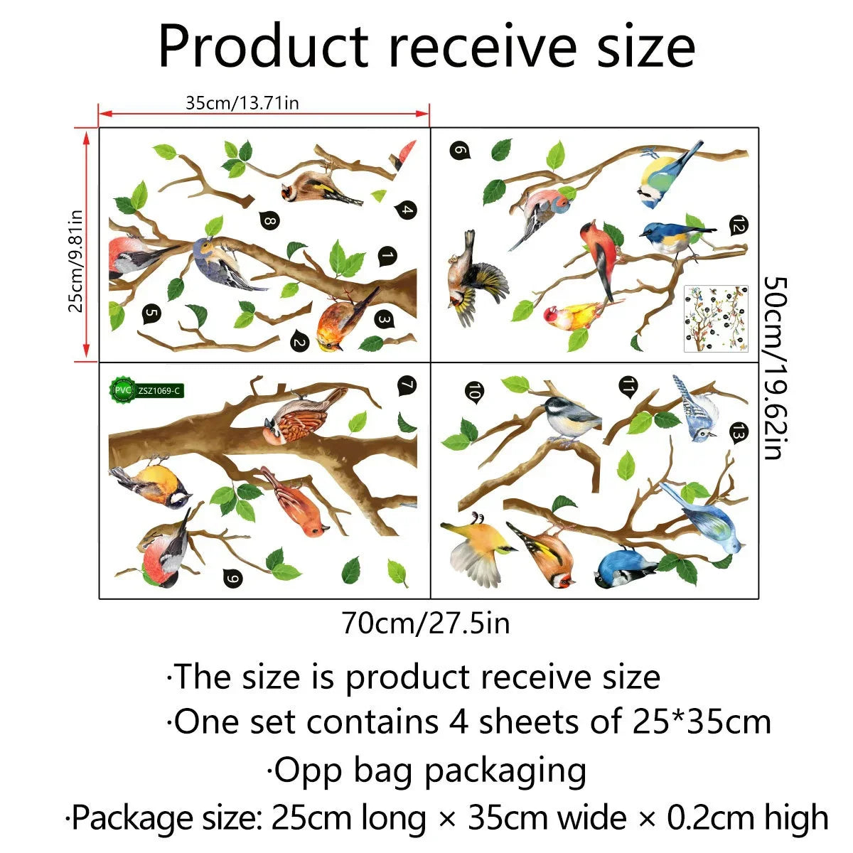 Carvallo Vägdekal Set Fågel & Blad i Vintage-stil | 3D-effekt | 4-delad | PVC | 25x35 cm per ark Carvallo
