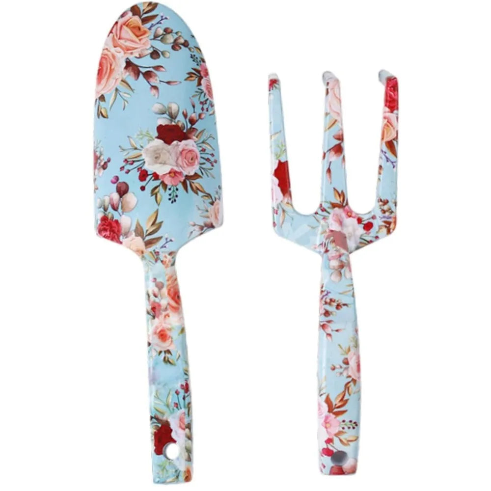 Carvallo GardenSet Trädgårdsverktygssats i rostfritt stål | 2-delad: Handskovel & Blomgaflar | 26–29,5 cm | Blommönster i 6 färger Carvallo