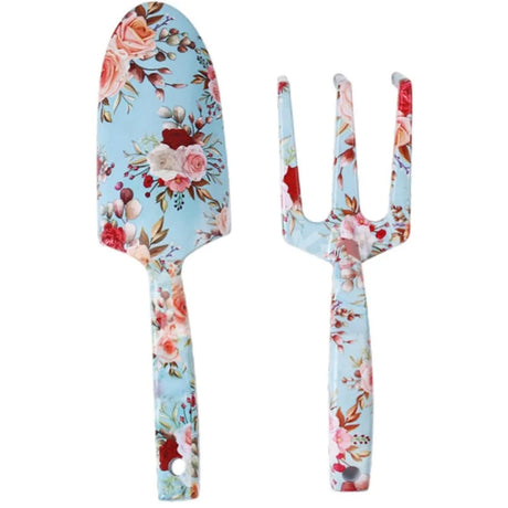 Carvallo GardenSet Trädgårdsverktygssats i rostfritt stål | 2-delad: Handskovel & Blomgaflar | 26–29,5 cm | Blommönster i 6 färger Carvallo