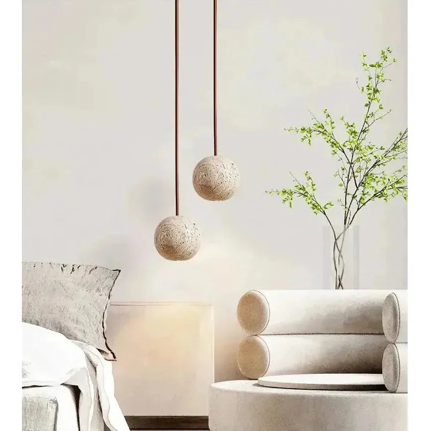 Hänglampa av travertin – Minimalistisk rund LED-hänglampa i Wabi-Sabi-stil Carvallo
