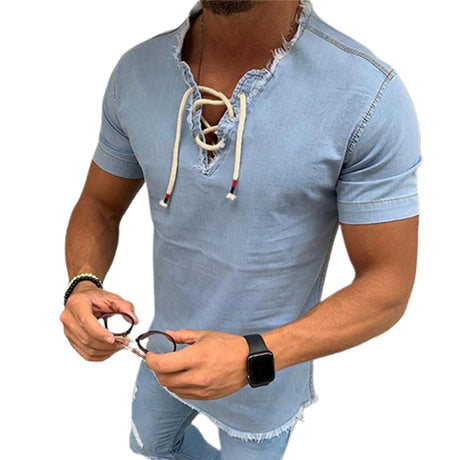 T-shirt med snörning för män-Clothes for Men-Hemnix-Himmelsblå-M-Hemnix