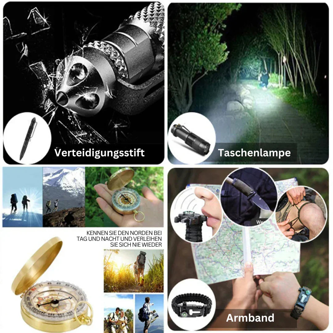 38-i-1 Första hjälpen och överlevnadskit med ficklampa och kompass Carvallo