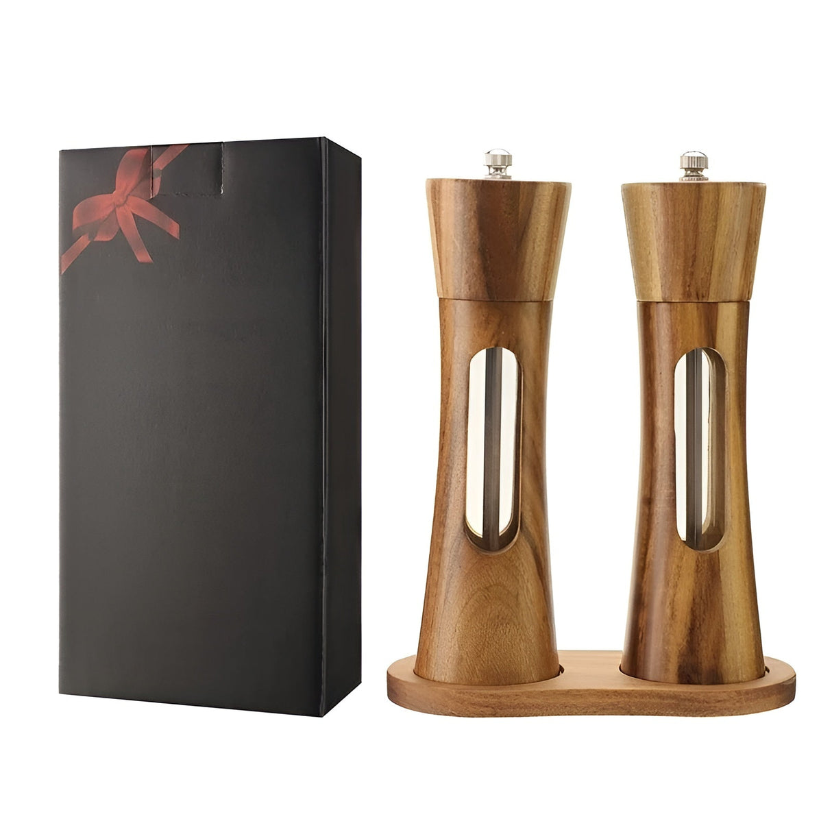 Manuella salt- och pepparkvarnar – träddesign med akrylfönster | set med 2 kvarnar Carvallo