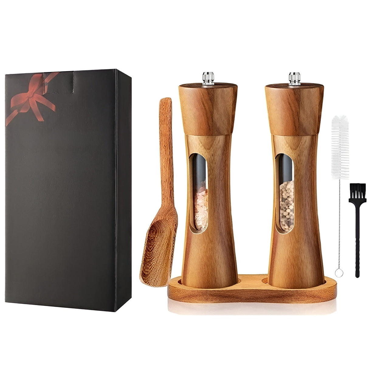Manuella salt- och pepparkvarnar – träddesign med akrylfönster | set med 2 kvarnar Carvallo