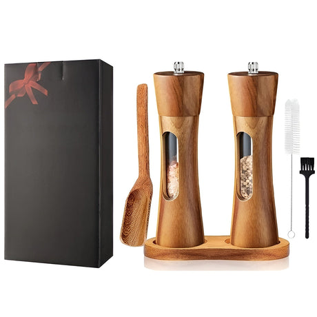 Manuella salt- och pepparkvarnar – träddesign med akrylfönster | set med 2 kvarnar Carvallo