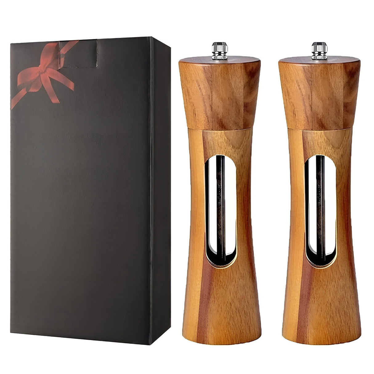 Manuella salt- och pepparkvarnar – träddesign med akrylfönster | set med 2 kvarnar Carvallo