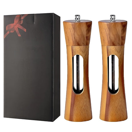 Manuella salt- och pepparkvarnar – träddesign med akrylfönster | set med 2 kvarnar Carvallo