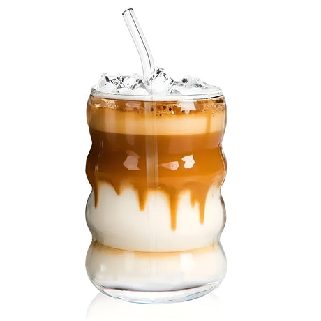 Ribbad glas med sugrör – 2 st Vågform, 450ml | Stiligt dricksglas för iskaffe, matcha & juice Carvallo