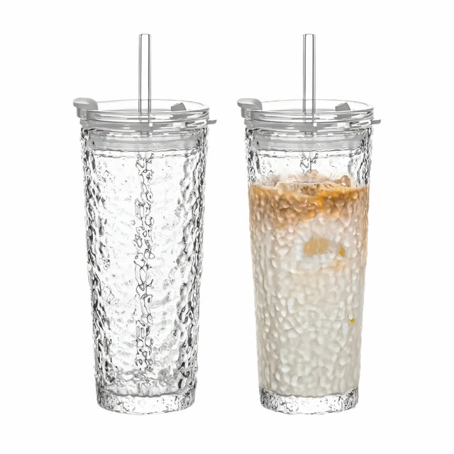 Dricksglas med lock & sugrör – Modern 2-delars set av glas | Återanvändbar & Halkfri, Idealisk för kaffe, te & kalla drycker Carvallo