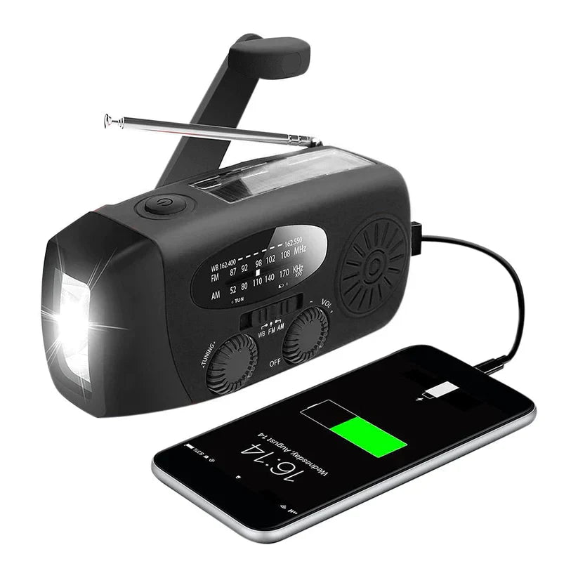 Nödradio - 2000 mAh inbyggd Powerbank, Ficklampa och Solceller-VaruZ-Svart-Hemnix