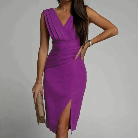 Kvinnors Midi Klänning Elegant Polyester-Kvinnors Klänningar-Bellasverige-Lila-S-Hemnix