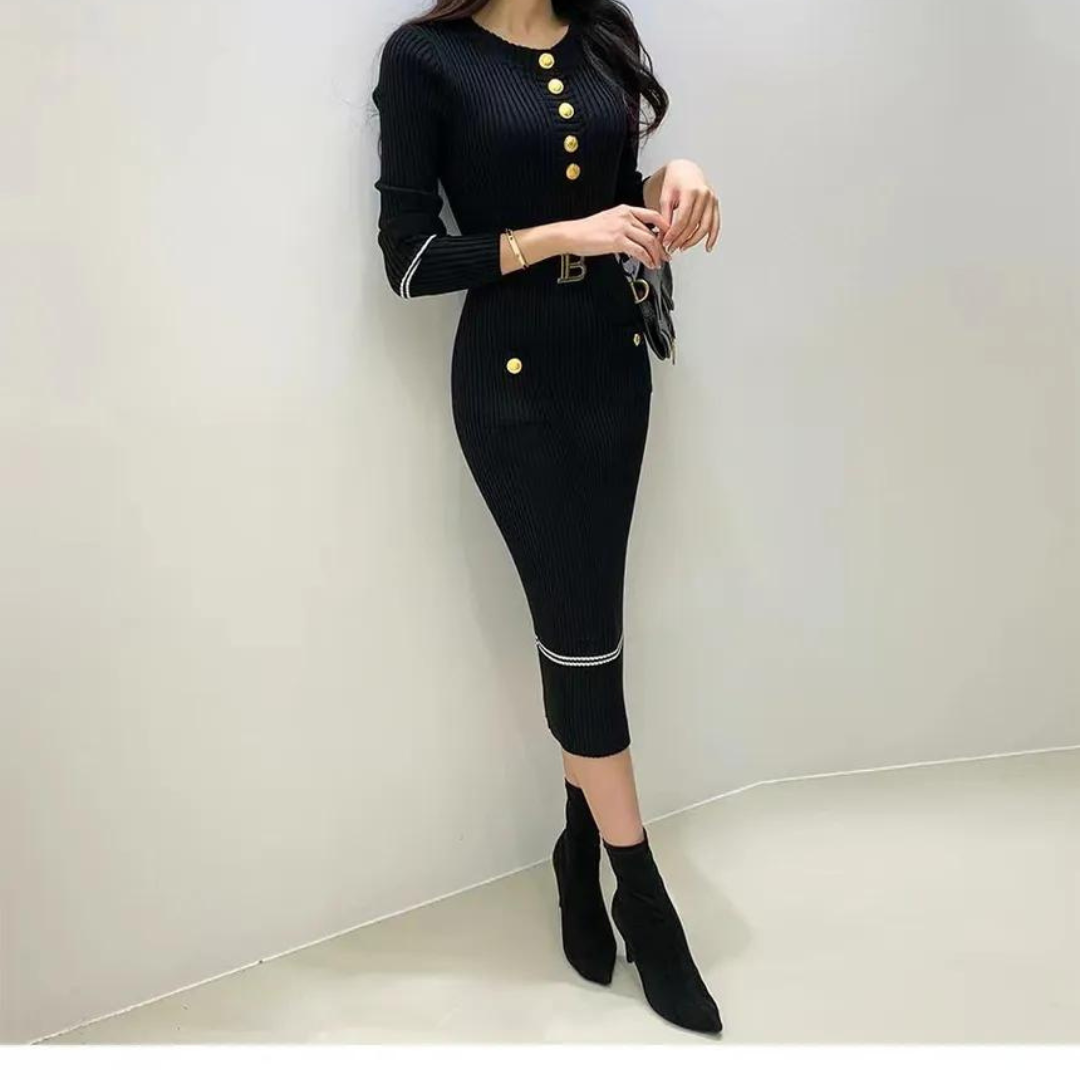 Stickad klänning med halvknäppning för kvinnor-Bellasverige-Hemnix