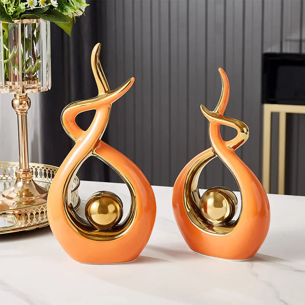 Abstrakt Keramisk Skulptur | Modern Inredning med Guld Accenter | Hylla eller Skrivbordsornament Carvallo