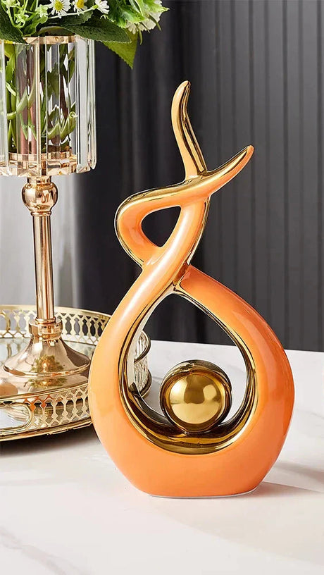 Abstrakt Keramisk Skulptur | Modern Inredning med Guld Accenter | Hylla eller Skrivbordsornament Carvallo