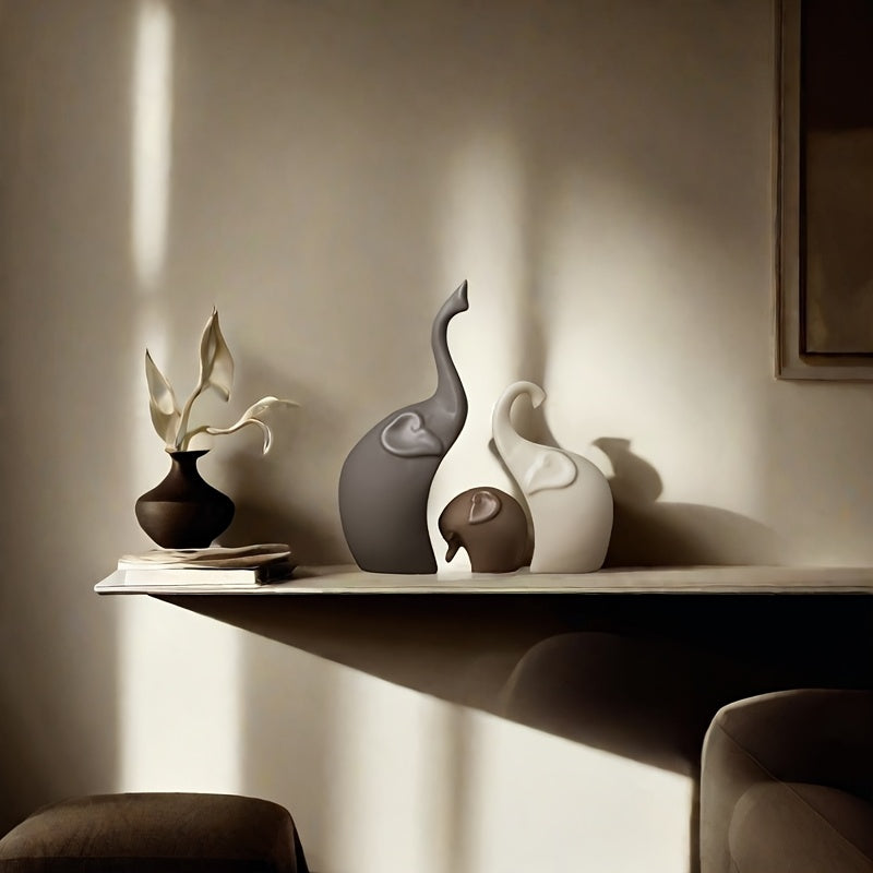 Set med 3 Keramiska Elefantfigurer – Modern Matt Dekoration för Vardagsrum eller Kontor Carvallo