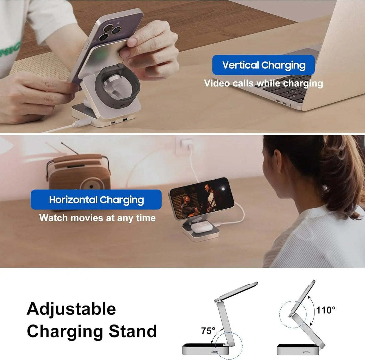 3 i 1 Snabb Magnetisk Fällbar Trådlös Laddare För iPhones, AirPods och Apple Watches Carvallo
