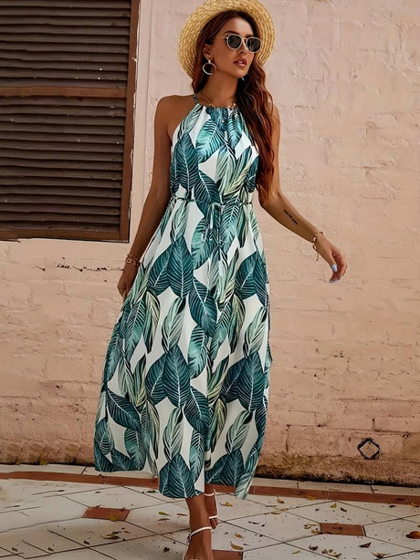 Dam Strandklänning Halterneck Bladmönster 100% Polyester Hemnix