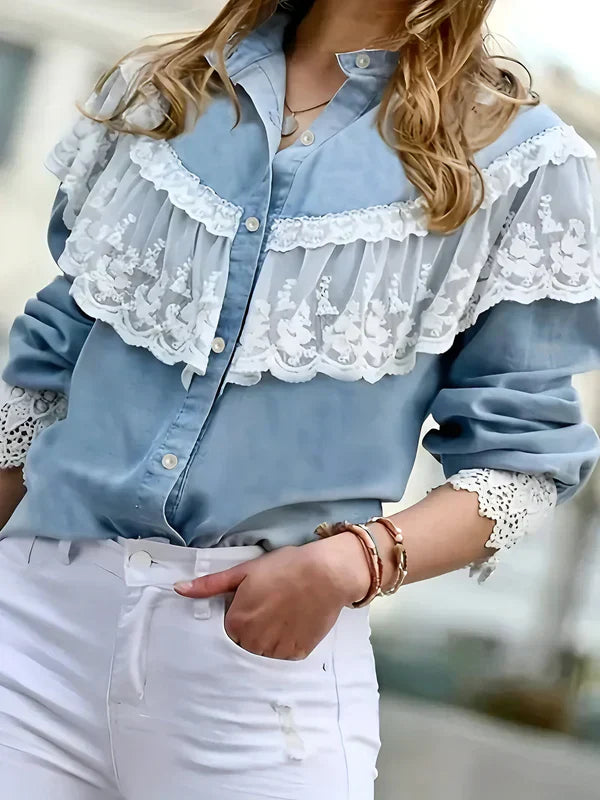 Kvinnors Denimskjorta med Spetsdetaljer Denim Spets
