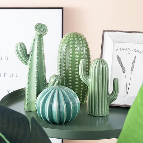 Trio av Keramiska Kaktusdekorationer – Randiga & Texturerade Inomhusornament Carvallo