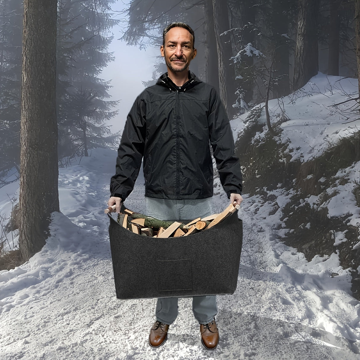 Fällbar Filtkorg XL med Trähandtag - Hållbar och Stilig Träbärare för Inomhusbruk Carvallo