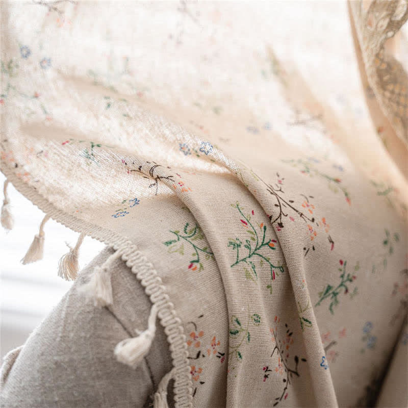 Floral Rutigt Splicing Bomull Linne Fringed Gardin Carvallo