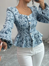 Dam Blus Blommönster Puffiga Ärmar Polyester