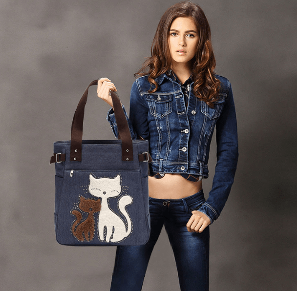 Katt broderi Canvas väska Bellasverige