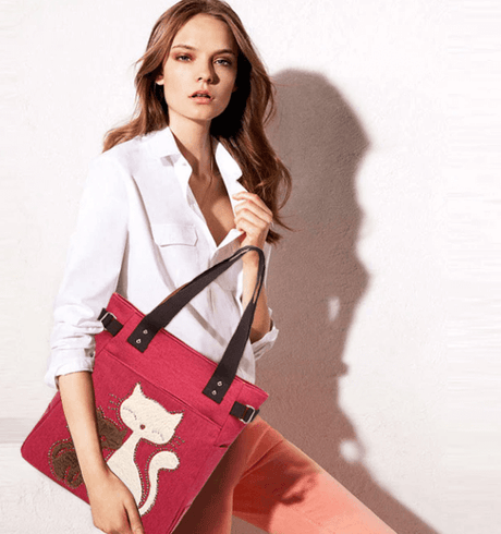 Katt broderi Canvas väska-Accessories-Bellasverige-Röd-Hemnix