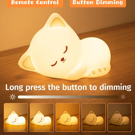 KittyGlow - Söt Kattnattlampa med Fjärrkontroll och USB Laddningsbar Silikonlampa Carvallo