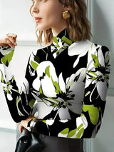 Långärmad T-shirt Dam Turtleneck Blommigt Tryck Mjuk Material