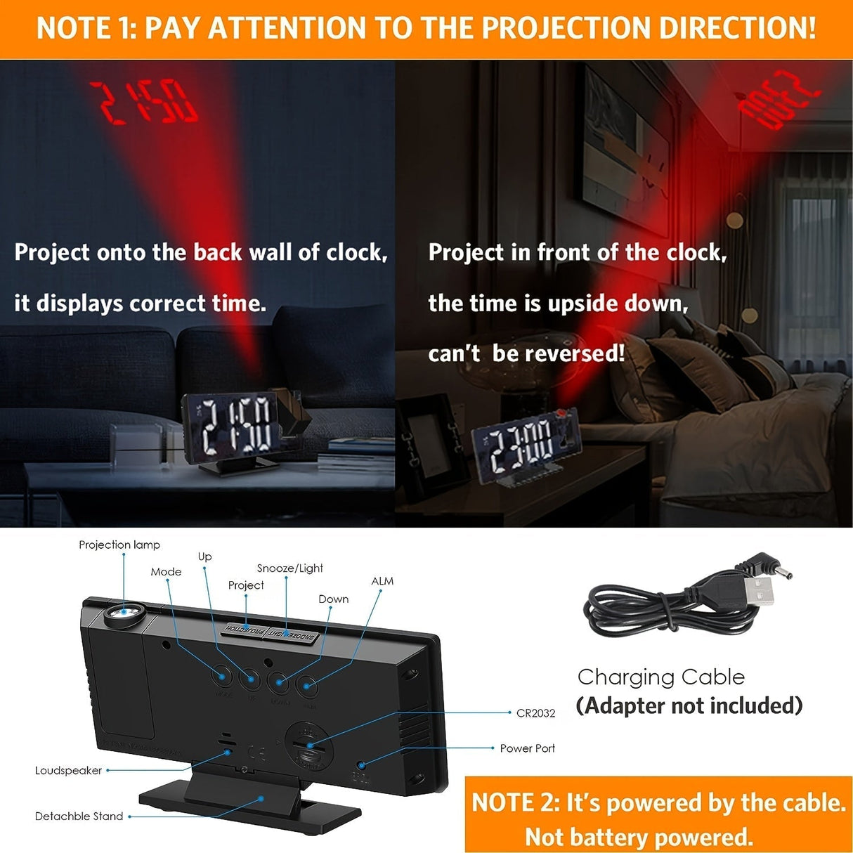 LED-projektionsväckarklocka med 180° justerbar projektion – Klar display och snooze-funktion för sovrum eller kontor Carvallo