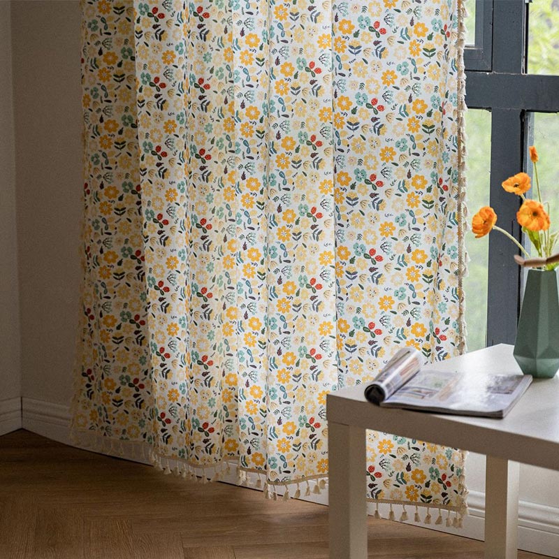 Gul Blomma Fringed Ljusfiltrerande Bomull Linne Gardin Carvallo