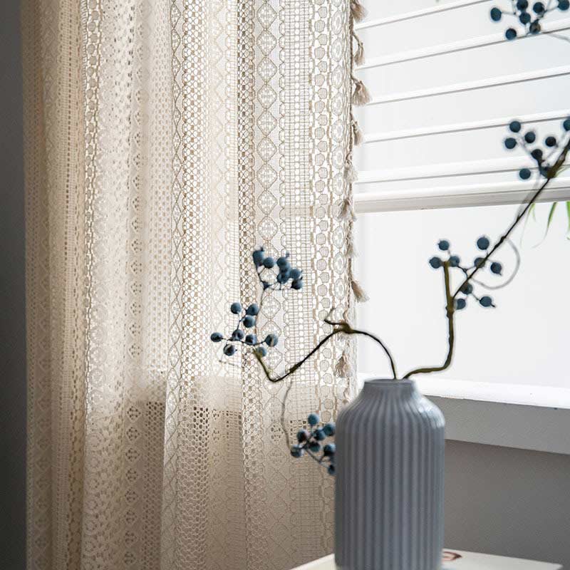 Bomull Beige Gardin Hål Ut Tassel Draperier Carvallo