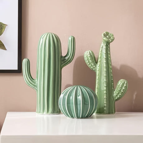 Trio av Keramiska Kaktusdekorationer – Randiga & Texturerade Inomhusornament Carvallo