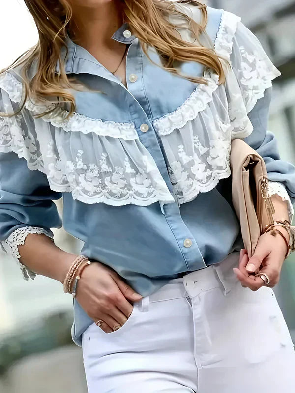 Kvinnors Denimskjorta med Spetsdetaljer Denim Spets