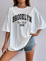 Kvinnors T-shirt Cirkulär Hals Brooklyn-tryck Bomull-T-shirts-Bellasverige-Vit-XS-Hemnix