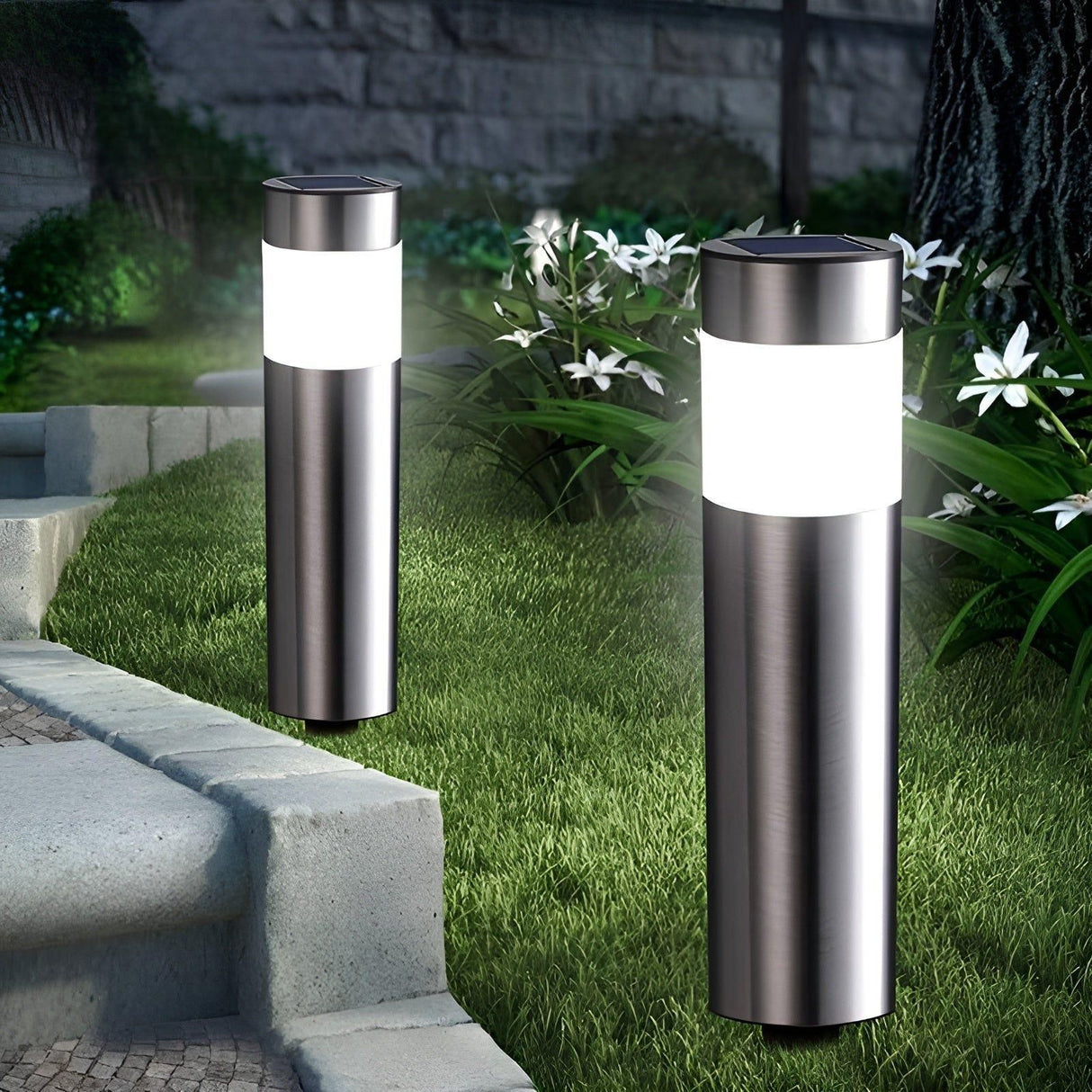 SteelPath Light - 2-delat set LED landskapsbelysning cylindrisk rostfritt stål trädgårdslampor Carvallo