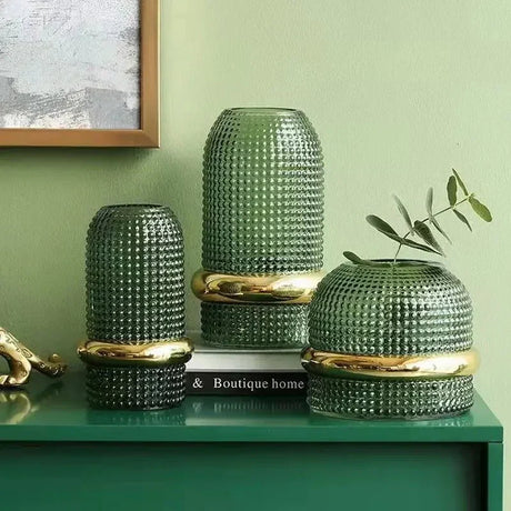 Mörkgrön Glasvas | Guldkant | Hydroponisk Blomutställning | Modern Minimalistisk Design | 3 Storlekar Carvallo