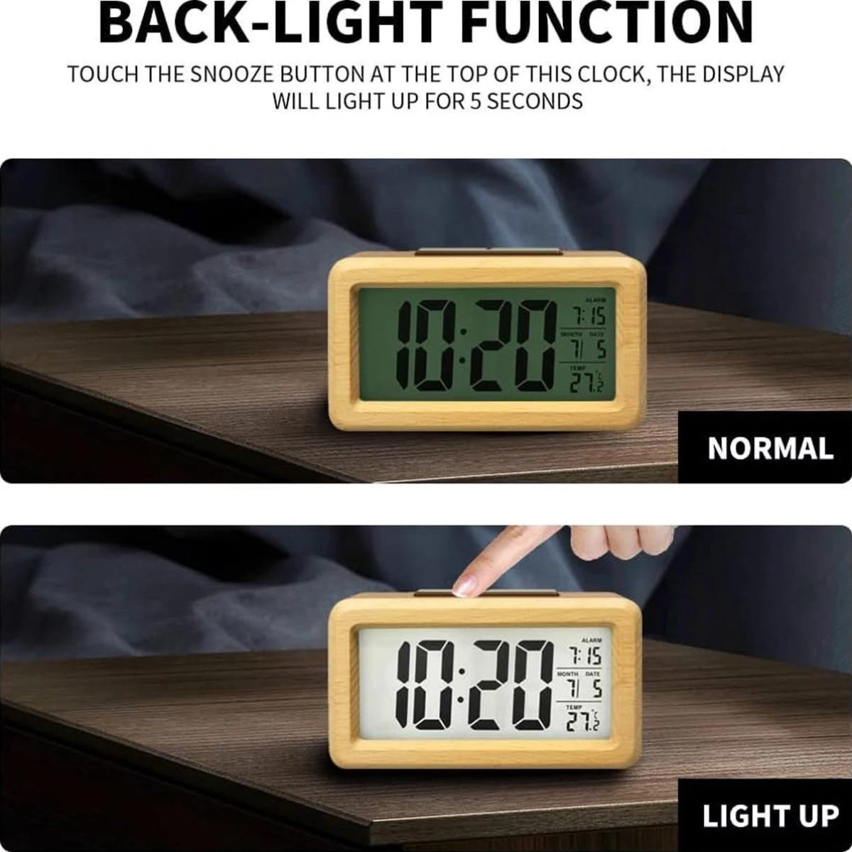 Trä Digital Väckarklocka – LED-display med Temperatur och Datum Carvallo