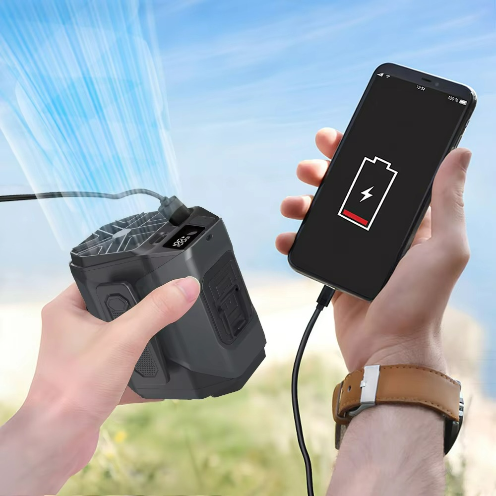 Uppladdningsbar midjefläkt med inbyggd powerbank och LED-ficklampa — Handsfree-kylning MILA Sverige