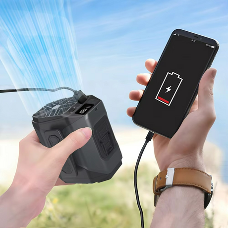 Uppladdningsbar midjefläkt med inbyggd powerbank och LED-ficklampa — Handsfree-kylning MILA Sverige