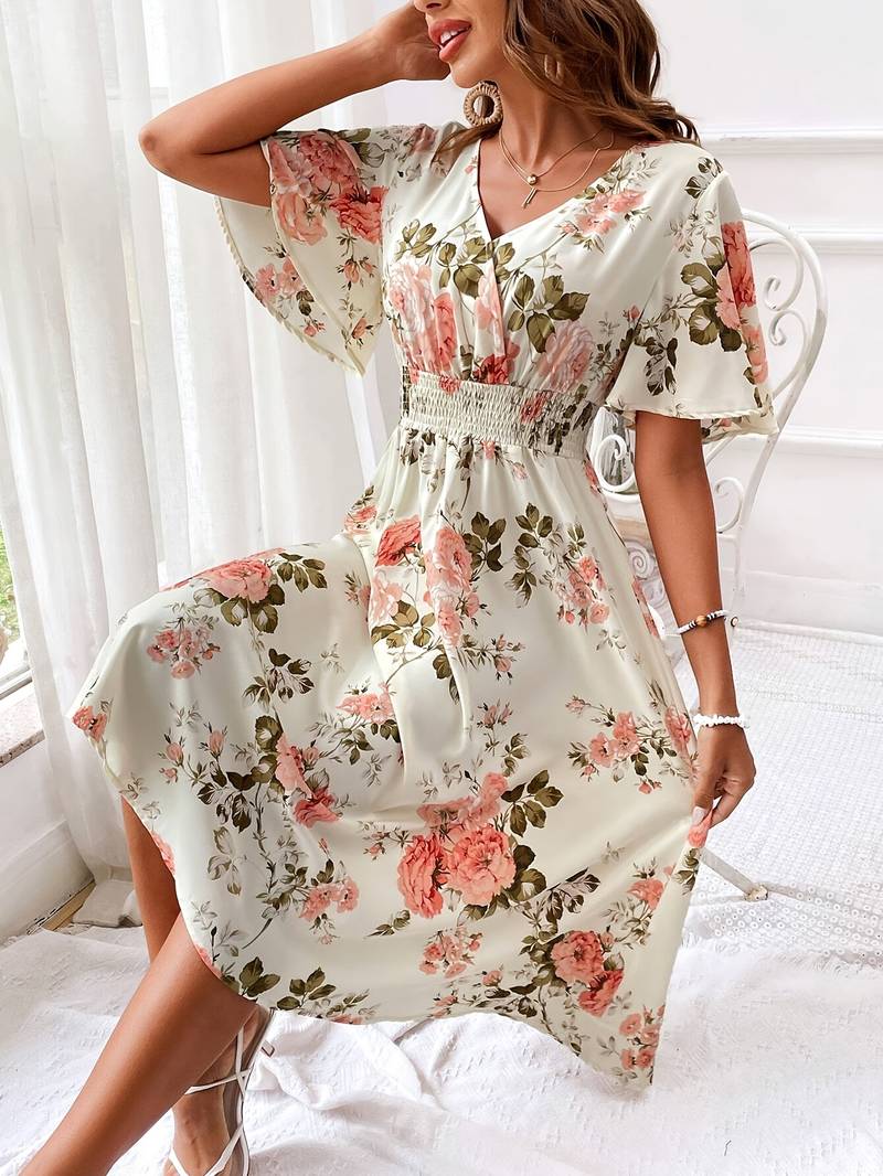 Dam A-linje Klänning Blommig V-ringning Polyester för Sommar och Fest