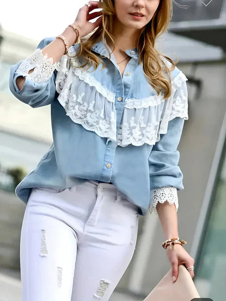 Kvinnors Denimskjorta med Spetsdetaljer Denim Spets Hemnix